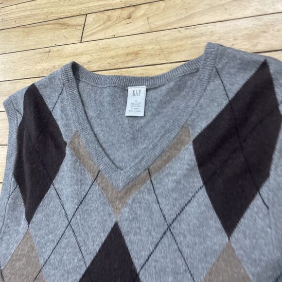 GAP Argyle Sweater Vest Wool Blend Men S Gray Brown Knit V Neck Pullover S 38" - Picture 12 of 16